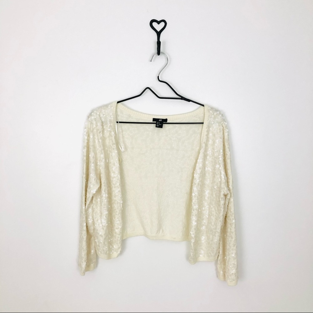 H&M Off-White Sequined Cropped Cardigan M